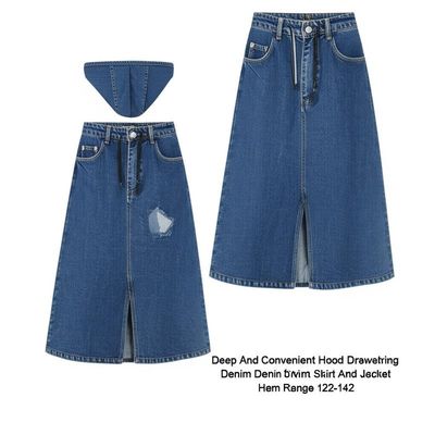 Deep And Convenient Hood Drawstring Denim Skirt And Jacket with Hem Range 122-142
