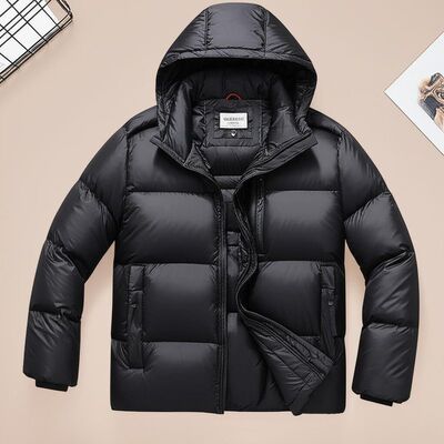 Winter Mens Down Coat Featuring Zipper Pocket Durable Polyester Outer Fabric Perfect for Cold Weather Outdoor Activities