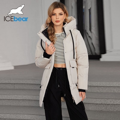 Windproof Long White Down Jacket With Hood Long White Puffer Coat