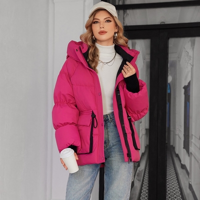 42-50 Short Pink Down Coat Hooded Brilliant Pink Puffer Coat Womens Casual