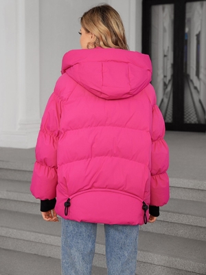 42-50 Short Pink Down Coat Hooded Brilliant Pink Puffer Coat Womens Casual