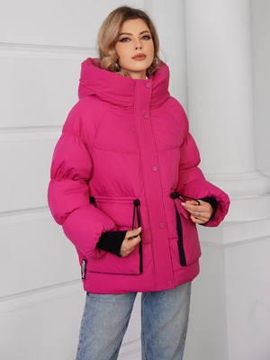 42-50 Short Pink Down Coat Hooded Brilliant Pink Puffer Coat Womens Casual