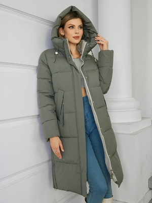 Moderate Womens Knee Length Puffer Coat Green Gray Knee Length Padded Coat