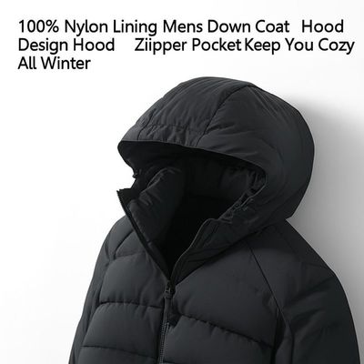 100% Nylon Lining Mens Down Coat with Hooded Design and Zipper Pocket Keep You Cozy All Winter